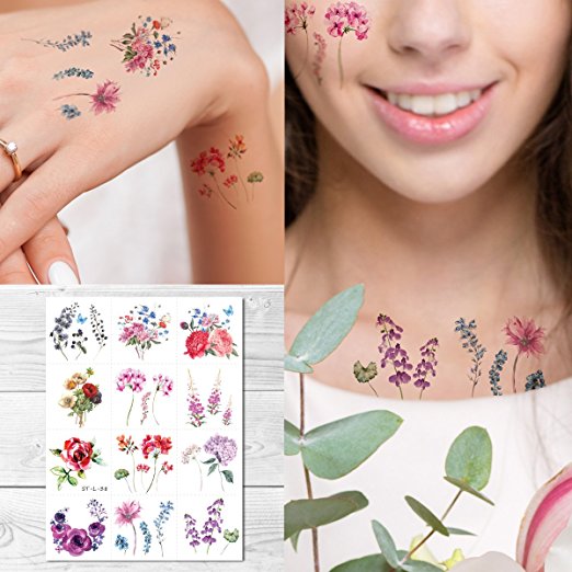 Supperb Temporary Tattoos - 12 Tity Watercolor Vintage floral Rose Flower Tattoo