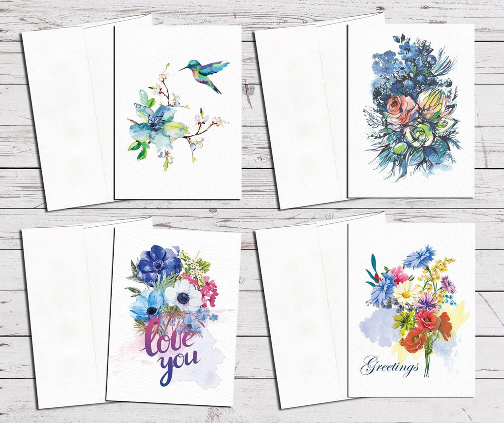 Supperb Greeting Cards - Watercolor Flowers Bouquet Floral Variety Pack Valentines Day Wedding Anniversary Card /Thank you Card (Set of 4)
