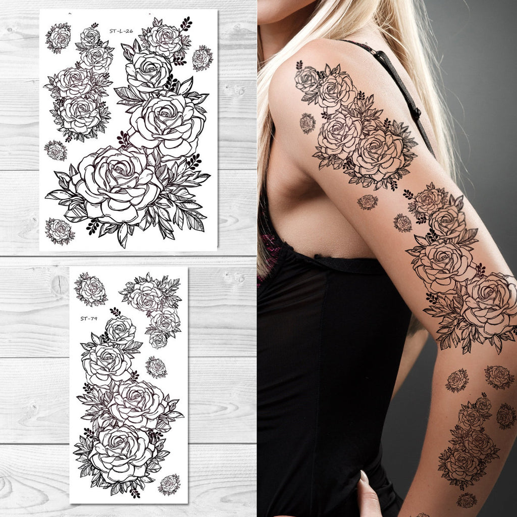 Supperb Temporary Tattoos - Hand Drawn Black & White Roses Tattoo Sleeve Large Tattoo Arm Tattoo