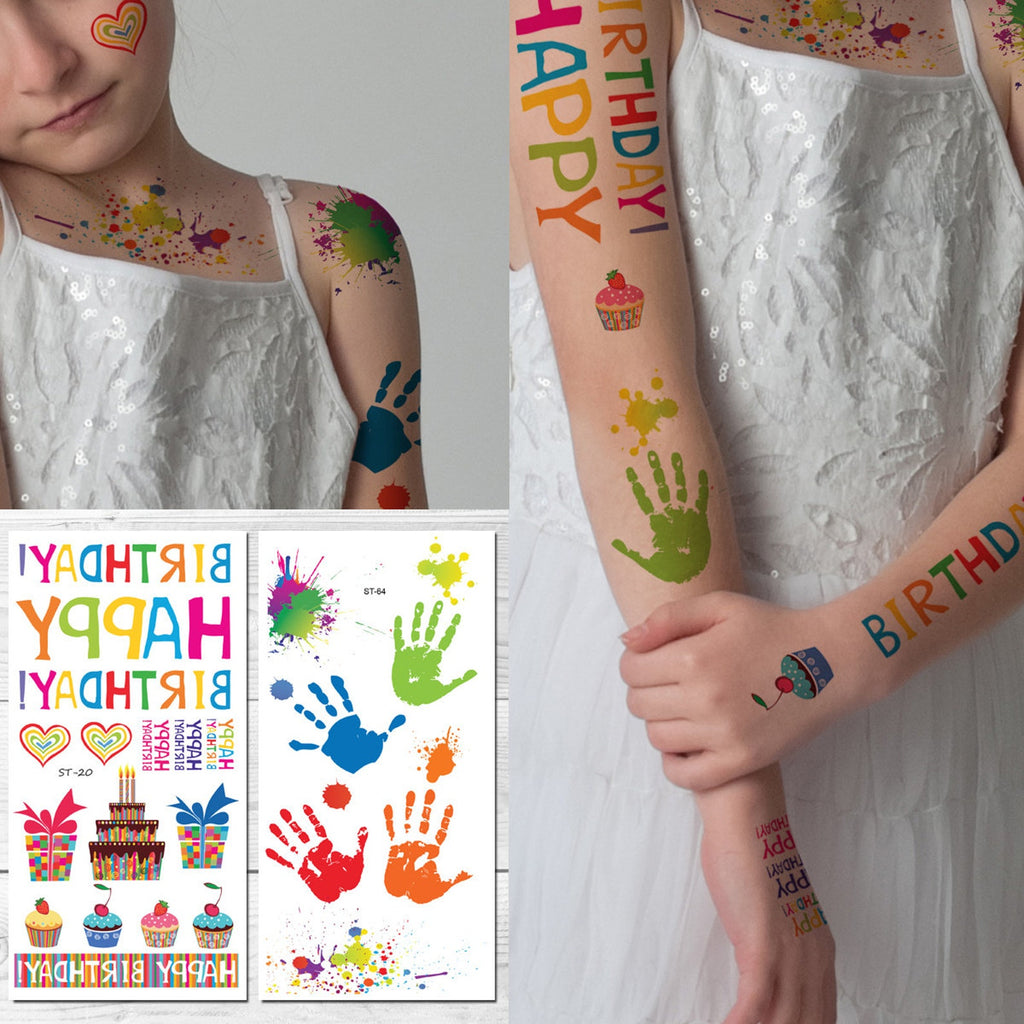Supperb® Temporary Tattoos - Happy Birthday Temporary Tattoo Splashing Paint & Hand Paints Tattoo Set Full Arm Tattoos (Set of 2)