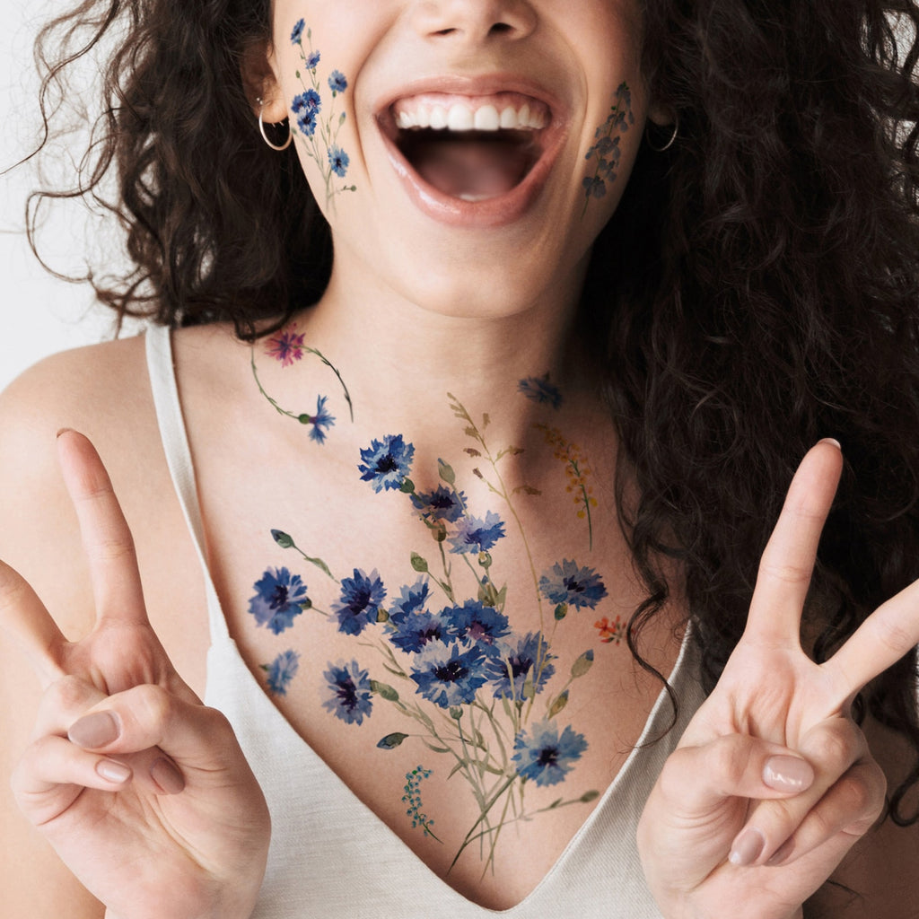 Supperb Temporary Tattoos - Watercolor style Blue painted flowers floral Daisy Chrysanthemum wildflowers branches leaf Tattoo CA$15.00