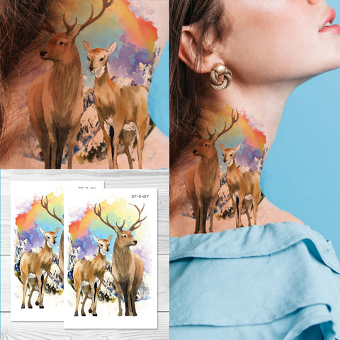 Supperb® Temporary Tattoos - Watercolor Reindeer Snow Mountain Forest Cute Colorful Deer Tattoos Doe Temporary Tattoos (Set of 2)