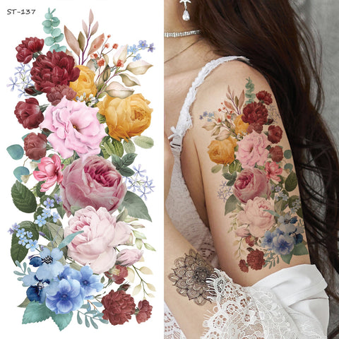 Supperb Temporary Tattoos - Hand drawn Colorful Watercolor Roses Bouquet, Vintage Floral Tattoos (Set of 2)