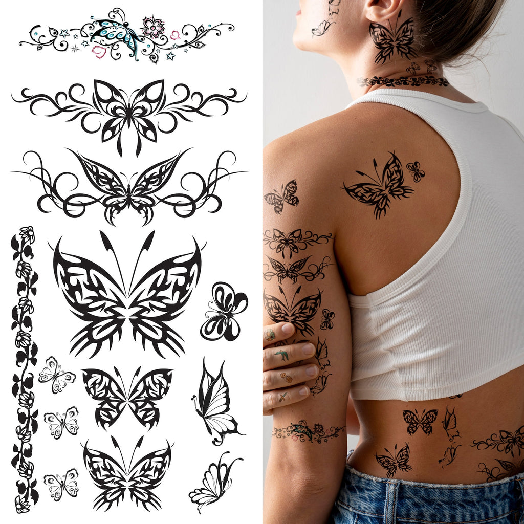 Supperb® Temporary Tattoos  - Black Tribal Butterflies Elegant Temporary Tattoo