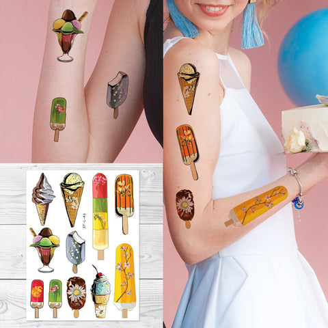 Supperb® Temporary Tattoos - Watercolor Ice Cream Cone Popsicles Ice Pops dessert Food Kids Tattoo