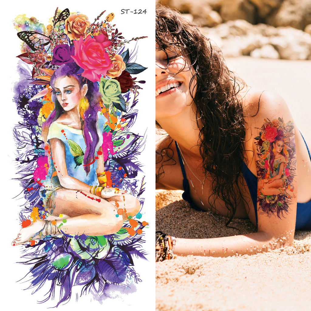 Supperb Temporary Tattoos - Watercolor Blue Purple Flowers Bouquet of Summer Dream of Ocean Mermaid