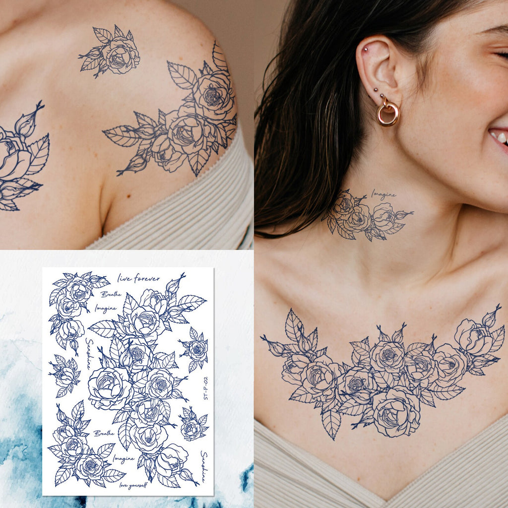 Supperb Semi-Permanent Tattoo - Vintage Rose Temporary Tattoos, Hand Drawn Flowers Tattoos, Lasts 1-2 Weeks