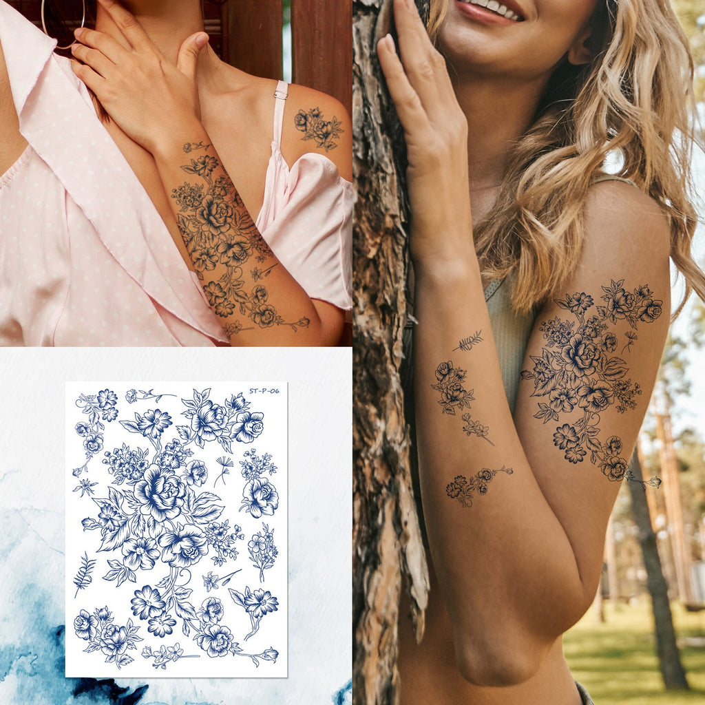 Supperb Semi-Permanent Tattoo - Vintage Rose Temporary Tattoos, Delicate Flowers Tattoos, Lasts 1-2 Weeks