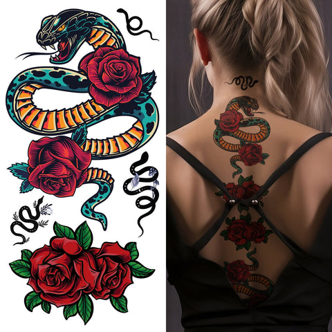 Supperb® Temporary Tattoos - Serpent & Red Roses, Snake and Flower (Set of 2)