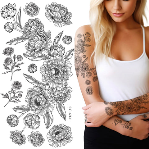 Supperb® Temporary Tattoos - Black and White Floral Temporary Tattoos, Vintage Flower Tattoos, Hand Drawn Peony Tattoos, Arm Leg Tattoos