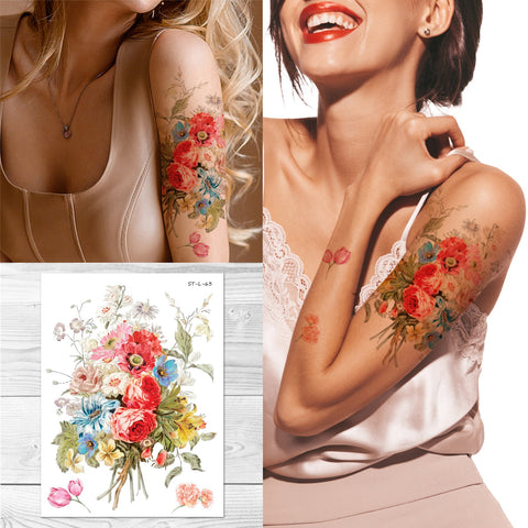 Supperb Temporary Tattoos - Bohemian Floral Temporary Tattoo, Vintage Floral Temporary Tattoo, Summer Watercolor Flowers