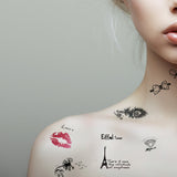 8-Sheets Romantic Assortment Temporary Tattoos Stickers -  Lip prints, Eiffel Tower, Bows, Feathers, Dandelions Tattoos