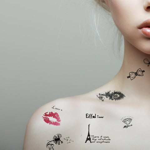 8-Sheets Romantic Assortment Temporary Tattoos Stickers -  Lip prints, Eiffel Tower, Bows, Feathers, Dandelions Tattoos