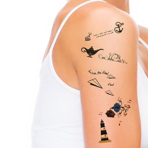 6-Sheets Romantic Assortment Temporary Tattoos Stickers - Tea Pot, Lighthouse, Phonograph, Anchor, Paper Planes Tattoos