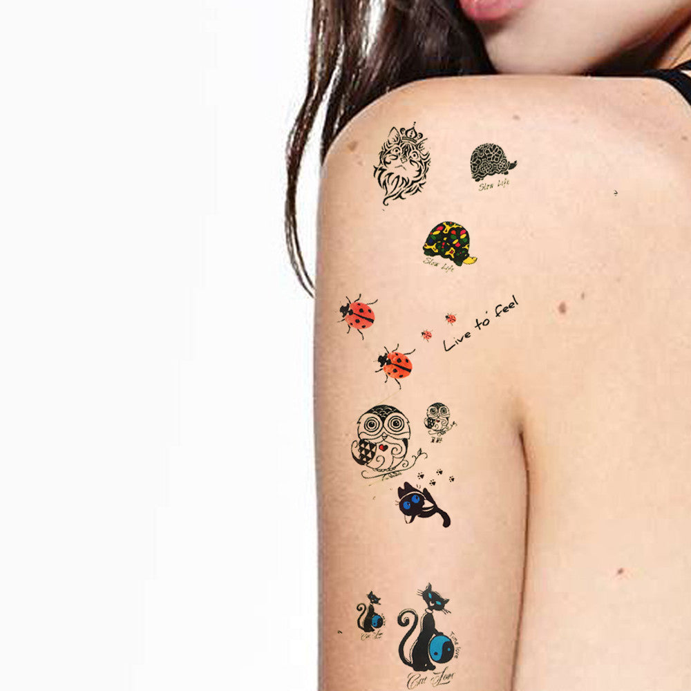 6-Sheets Cute Animals Assortment Temporary Tattoos Stickers - Cats Owls Ladybugs Tortoise Tattoos