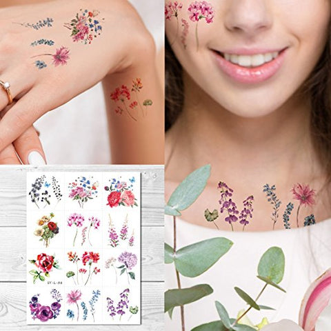 Supperb Temporary Tattoos - 12 Tity Watercolor Vintage floral Rose Flower Tattoo