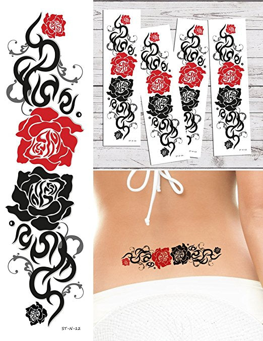 Supperb Temporary Tattoos - Black & Red Tribal Rose Temporary Tattoo Tattoos (Set of 4)
