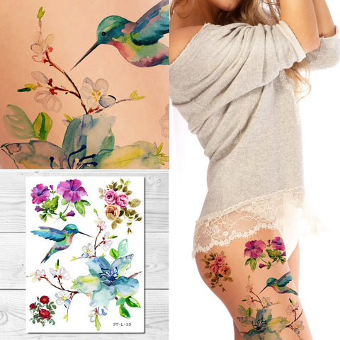 Supperb Large Temporary Tattoos - Spring flowers & Hummingbird