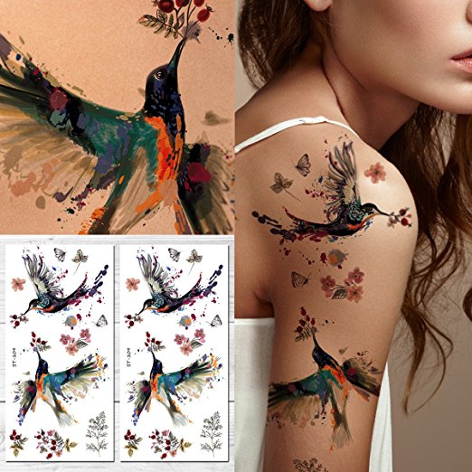 Supperb Temporary Tattoos - Handrawn Hummingbird & Floral Wildflowers (Set of 2)