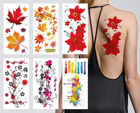 Supperb® Flower & Autumn Leaves Temporary Tattoos / Gorgeous Color Set of 6