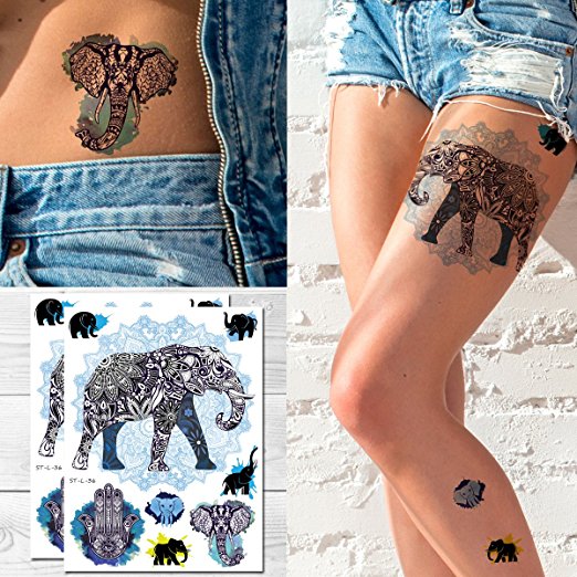 Supperb Temporary Tattoos - Mandala Elephant Bohemian Yoga Meditation Henna Elephant Head Tattoo (Set of 2)