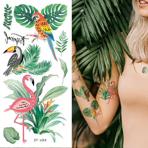 ST-135 Supperb Temporary Tattoos - Watercolor tropical plants Leaf, Pink flamingo, Hand Drawn Summer Hibiscus Tattoos