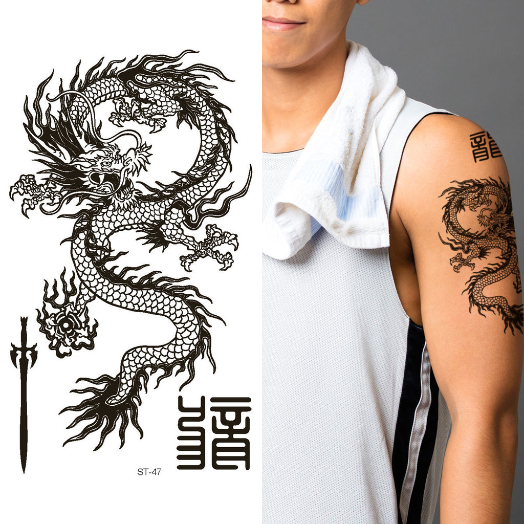 Supperb® Temporary Tattoos - 6 Pack - 3 of Black & White Dragon and 3 of Blue Dragon on Fire