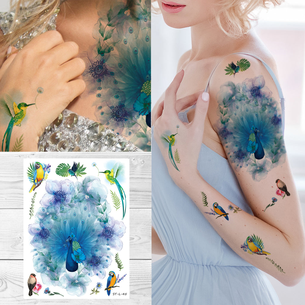 Supperb Large Temporary Tattoos - Watercolor Dream of peacock & Hummingbirds