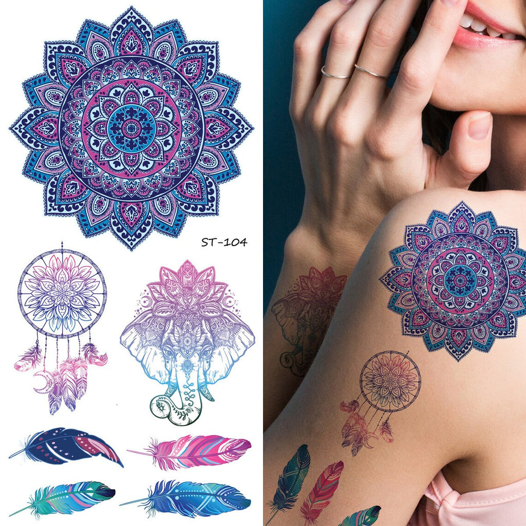 Supperb Temporary Tattoos - Inspired Mandala Blue Healing Yoga Meditation Dreamcatcher Feather Elephant Tattoo (Set of 2)