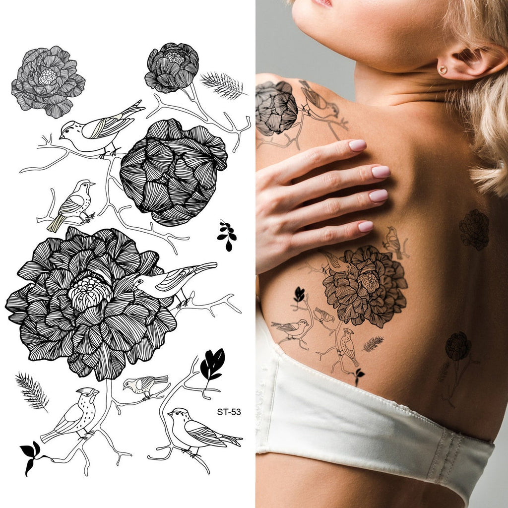 Supperb Temporary Tattoos - Hand Drawn Black Hydrangea Roses & Birds