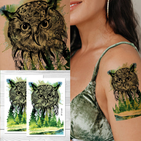 Supperb® Temporary Tattoos - Watercolor Owl Green Tree Forest Cute Owls (Set of 2)