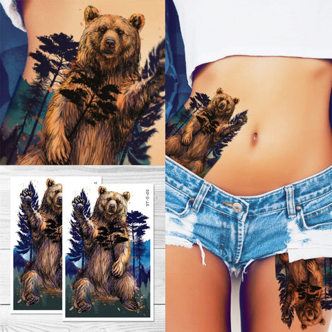 Supperb Large Temporary Tattoos - Watercolor Black Bear Forest Colorful Hand-drawn Wildlife Nature Tattoos (Set of 2)