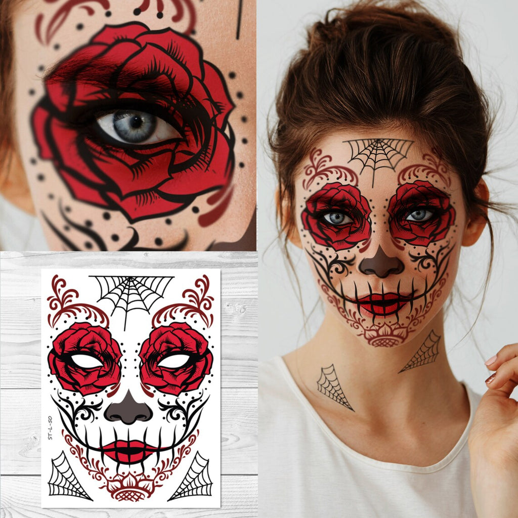 Supperb Halloween Face Tattoo Day of the Dead Sugar Skull Red Rose Temporary Face Tattoo Kit