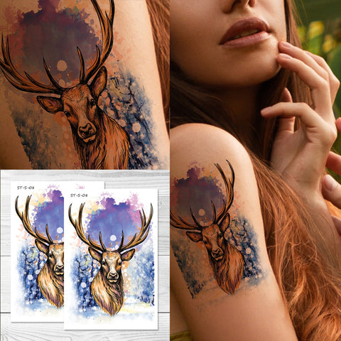 Supperb® Temporary Tattoos - Watercolor Reindeer in Snowy Forest Cute Colorful Deer Tattoos Doe Temporary Tattoos (Set of 2)