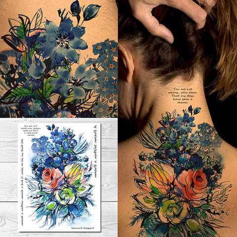 Supperb Large Temporary Tattoos - Watercolor Blue Flowers Bouquet of Summer Dream