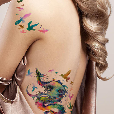 Supperb Large Temporary Tattoos - Gorgeous Colorful Dragon & birds