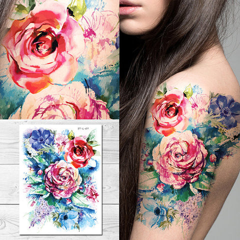 Supperb Large Temporary Tattoos - Watercolor Painting Bouquet of Summer Flowers ST-L-07
