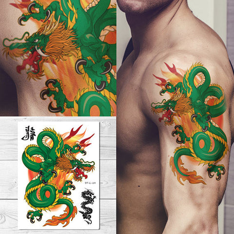 Supperb Large Temporary Tattoos - Green Dragon on Fires