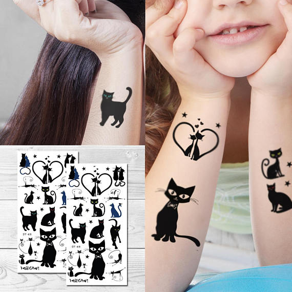 Supperb® Temporary Tattoos - Cute Black Cats, Lover Cats (Set of 2)
