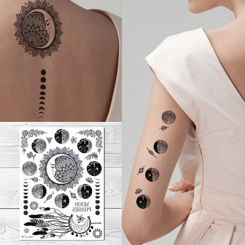 Supperb Temporary Tattoos - Moon phase Tattoo Full Moon Crescent Festival Bohemian Meditation Celestial Henna Tattoo ST-L-37