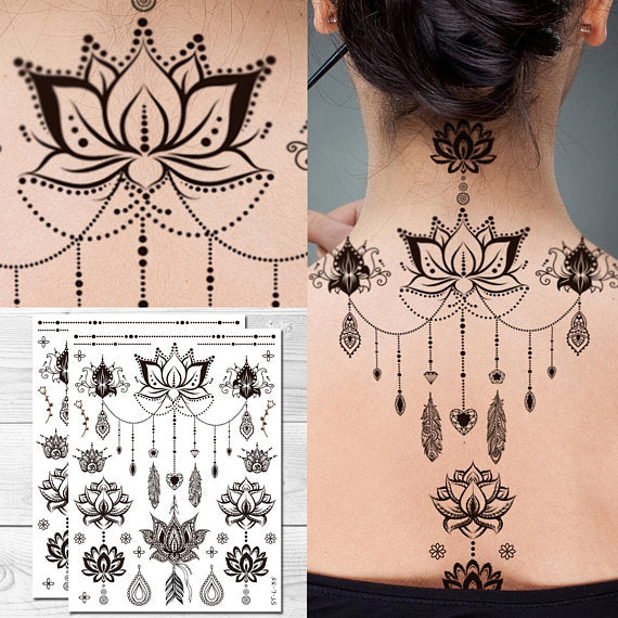 Supperb Temporary Tattoos - Mandala Floral Lotus Feather Flower Jewelry Bohemian Henna Tattoo (Set of 2) ST-L-35