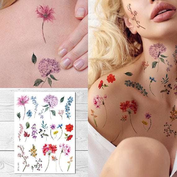 Supperb Temporary Tattoos - Watercolor flowers floral wildflowers branches leaf herbs Tattoo