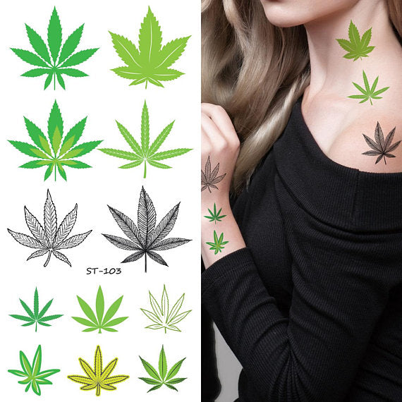 Supperb® Temporary Tattoos - 12 Black Green Cannabis leaf Weed leaves Tattoo