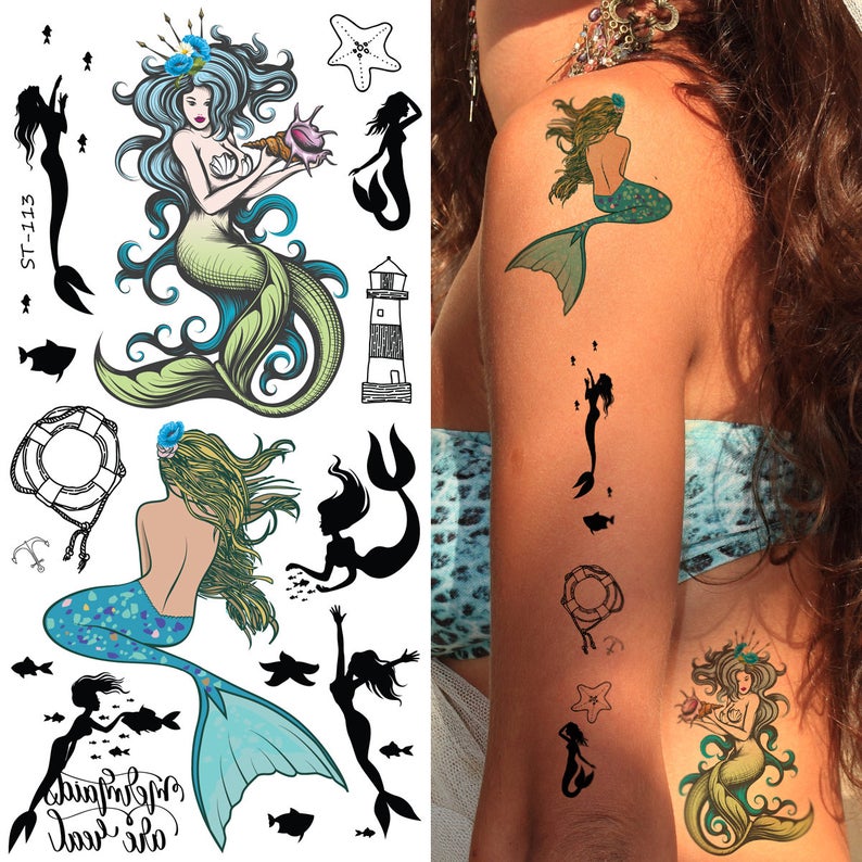 Supperb Temporary Tattoos - Hand drawn Summer Ocean Mermaid Fish lighthouse