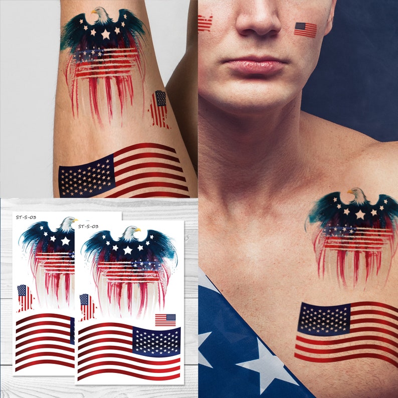 Supperb® American Flag & American Eagle Temporary Tattoo Kit, USA Flag Temporary Tattoos, US Independence Day Tattoos (Set of 2)