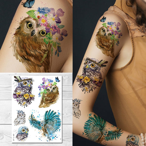 Supperb® Temporary Tattoos - Watercolor Owl Colorful Cut Owls