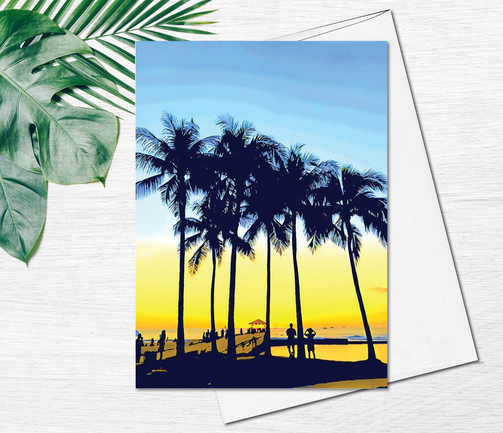 Hawaii Beach Tree Greeting Card Watercolor Sunset Card Palm Tree Fine Art Greeting Card Blank Card