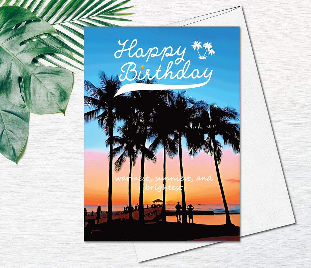 Hawaii Beach Tree Greeting Card Watercolor Sunset Card Palm Tree Birthday Fine Art Happy Birthday Greeting Card Custom Personalized Card