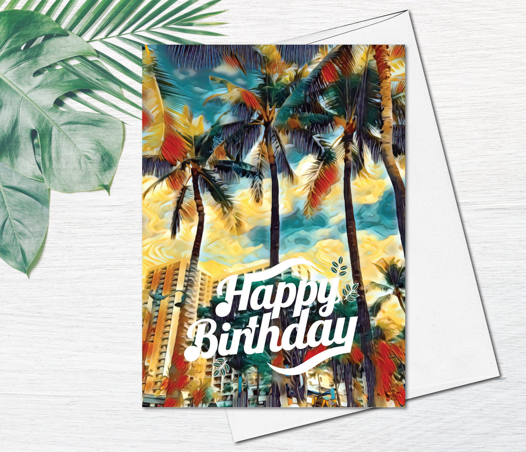 Hawaii Beach Tree Greeting Card Watercolor Summer beach Sunset Card Palm Tree Fine Art Birthday Greeting Card