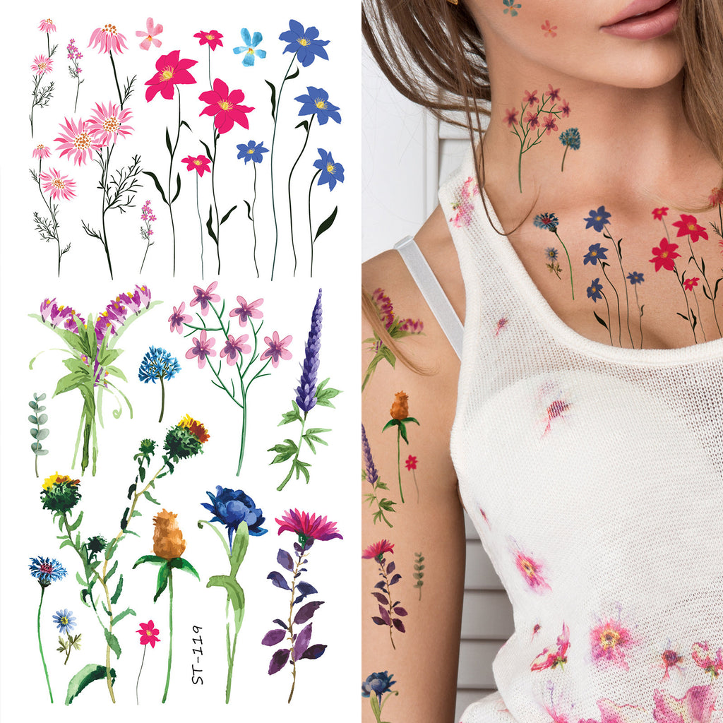 Supperb Temporary Tattoos - Watercolor small summer flowers floral wildflowers branches leaf herbs Tattoo